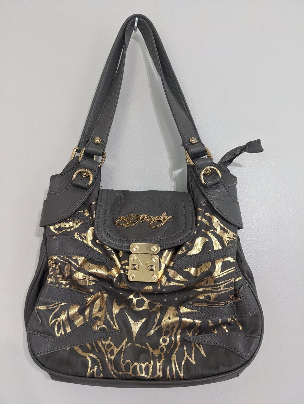 Ed Hardy Gold Foil Tattoo Shoulder Bag Gray Leather Trim Classic Style Y2k Logo